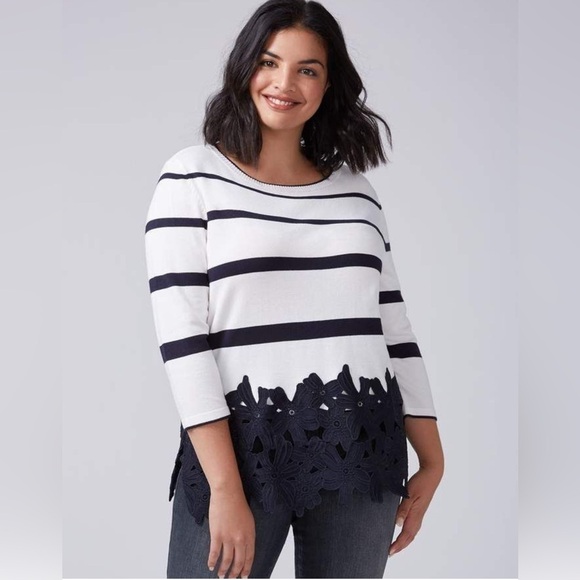 Lane Bryant Floral Appliqué Lace Hem 3/4 Sleeve Navy Stripe White Sweater 18/20 - Picture 1 of 11